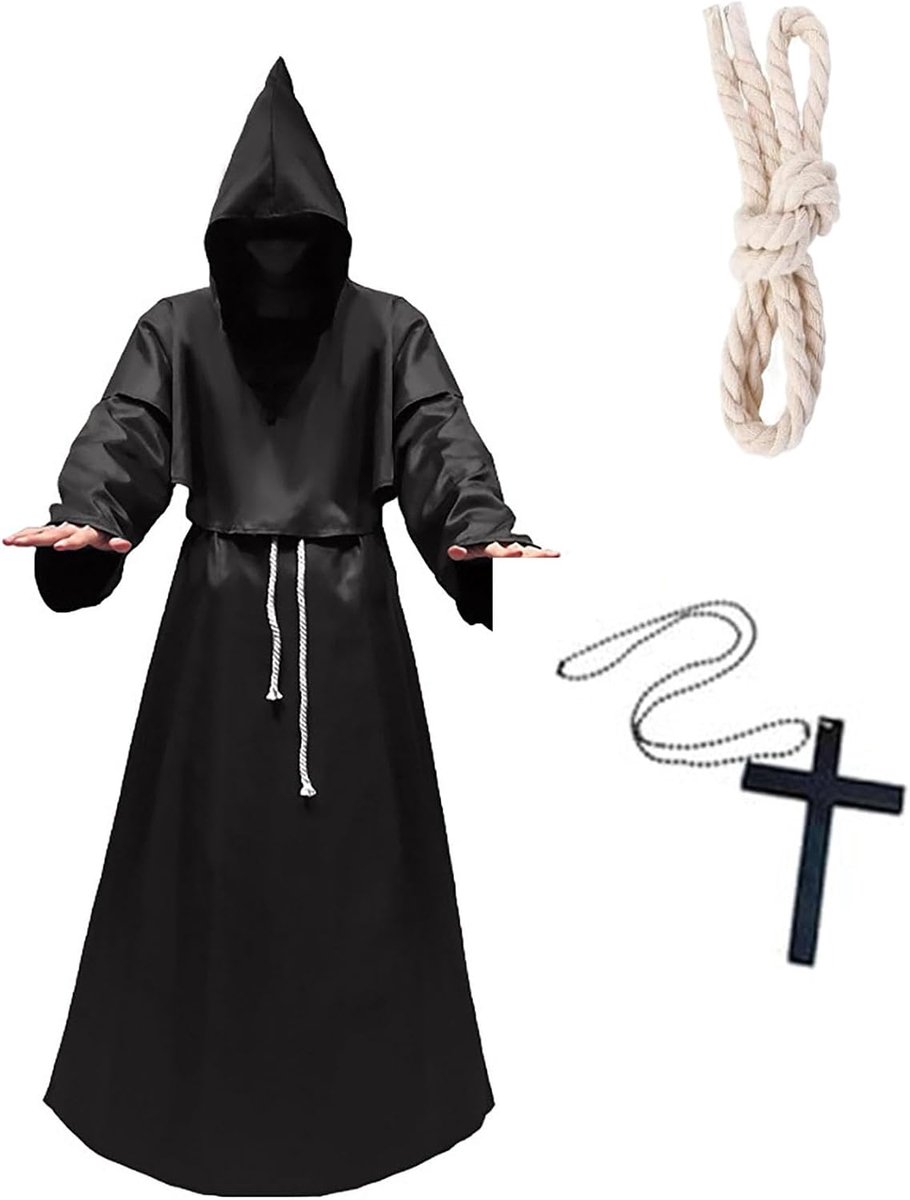 kostuum voor heren, priester, monnikgewaad, kostuum, Halloween, cosplay, middeleeuwse cape, kostuums met capuchon voor volwassenen