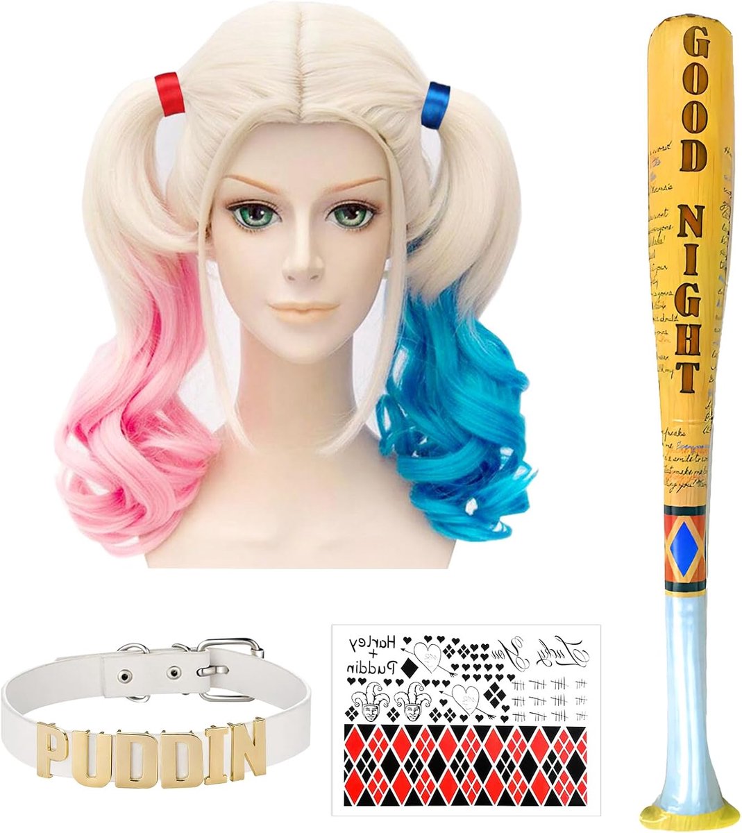Cosplay-pruik voor carnaval, roze en blauw, met twee paardenstaarten