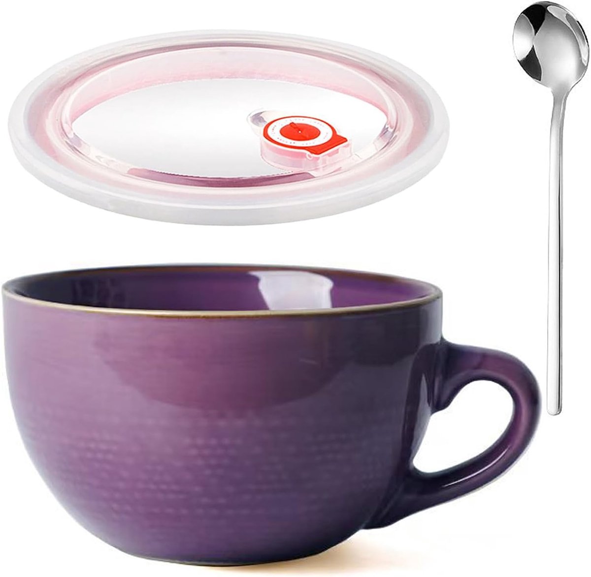 Mok van keramiek, 700 ml, grote mueslikommen met handvat, slakom, herbruikbare porseleinen koffiemok, porseleinen soepkom met deksel en lepel, voor cafés (paars)