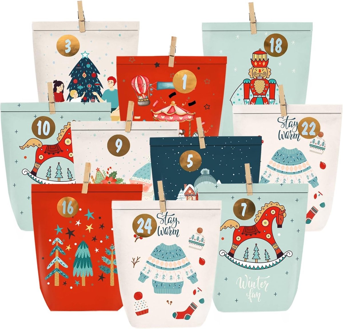Adventskalender om te vullen - Rood - 16 x 6 x 22 cm - Papieren Zakjes met Cijferstickers - Voor DIY Kerstdecoratie