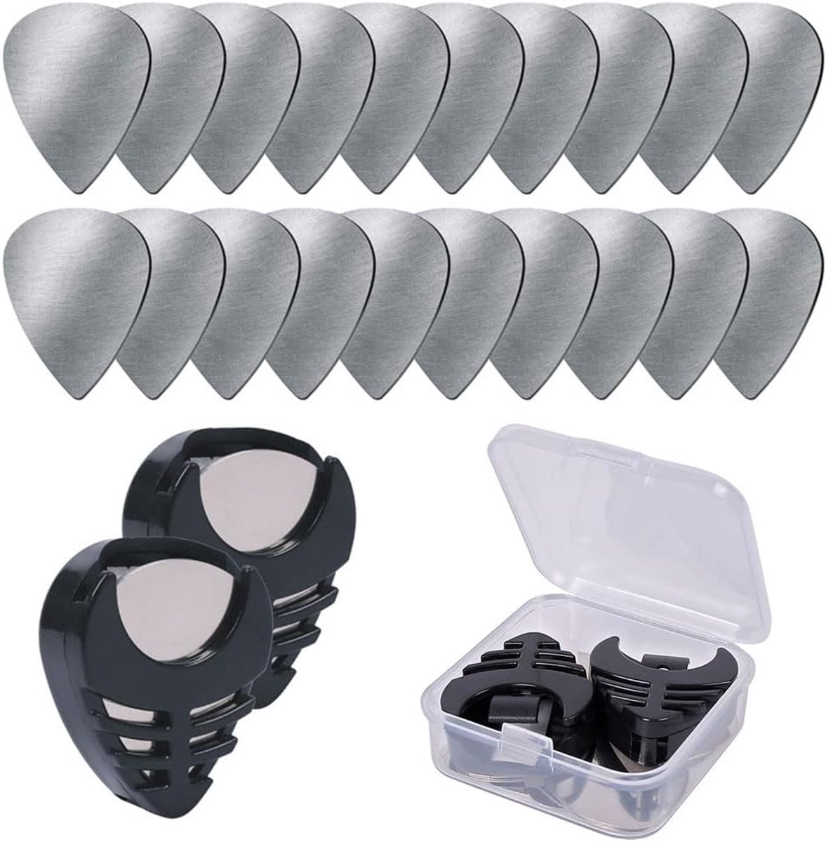 Dailygoods - roestvrijstalen plectrums - 20 stuks - met opbergkoffer - geschikt voor gitaar en ukulele - comfortabel voor langdurig spelen