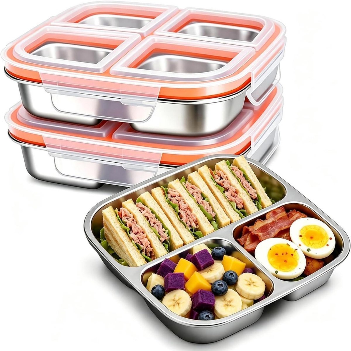 SSTRWGOOD Roestvrijstalen snackdoos met vakjes – 2-delige set (inclusief varianten met 3 en 4 vakken) – 600 ml – Bento-box met deksel – Herbruikbare lunchbox voor meal-prep – Voedselcontainer met vakken geschikt voor kamperen, kantoor en onderweg