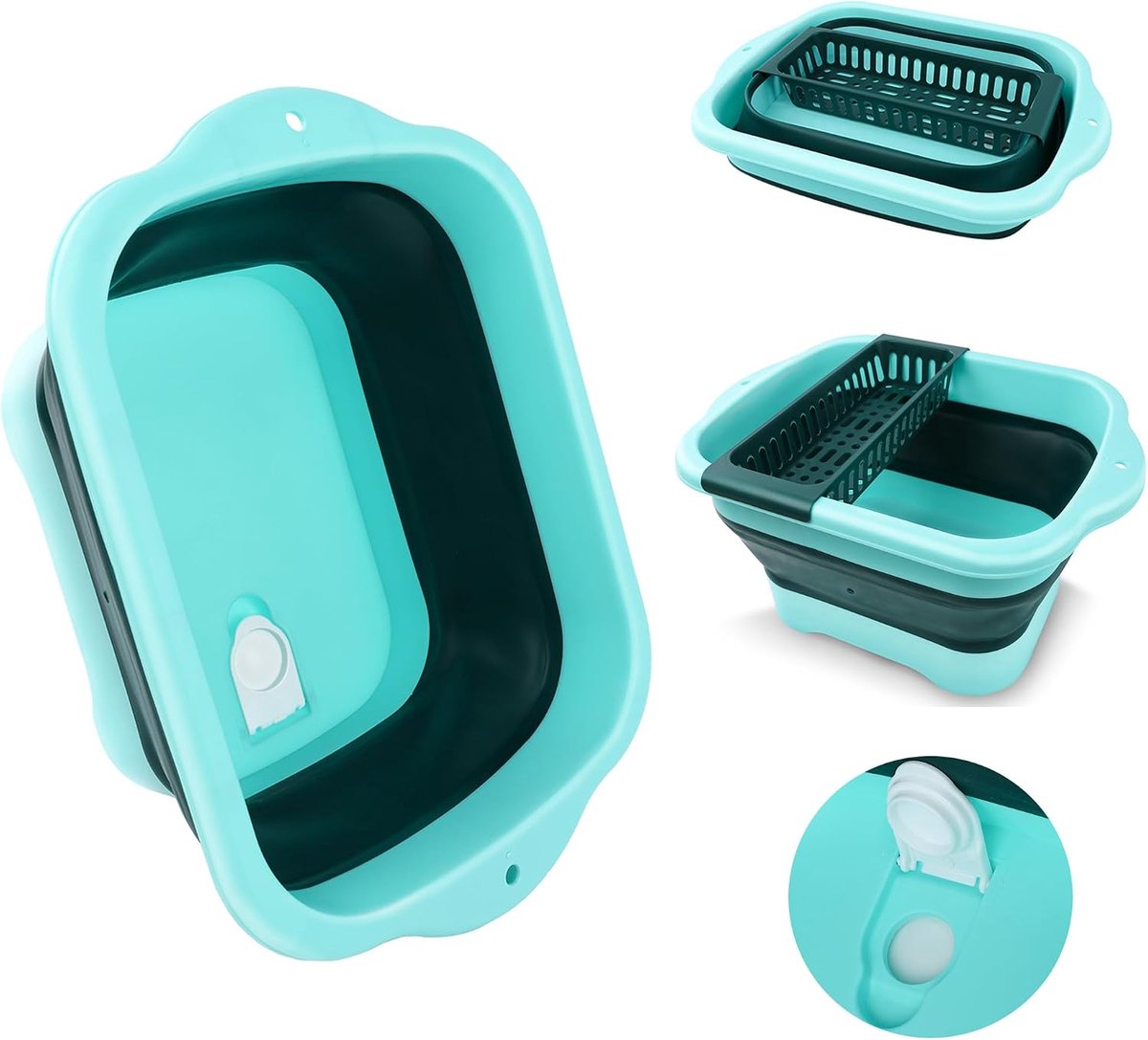 wasmand, 10,5 l, met afvoergat, kunststof bak met afdruipmand, wasmand voor camping, keuken, camper, reizen, 42 x 30 x 18 cm
