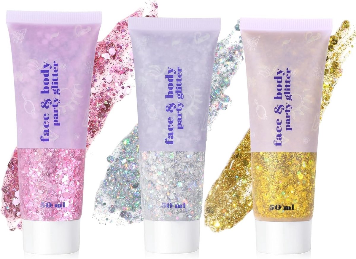 Body Glitter Gel voor Makeup, Chunky Glitter voor Gezicht, Haar en Nagels, Sparkling Sequin voor Festivals en Cosmetica (3 stuks)
