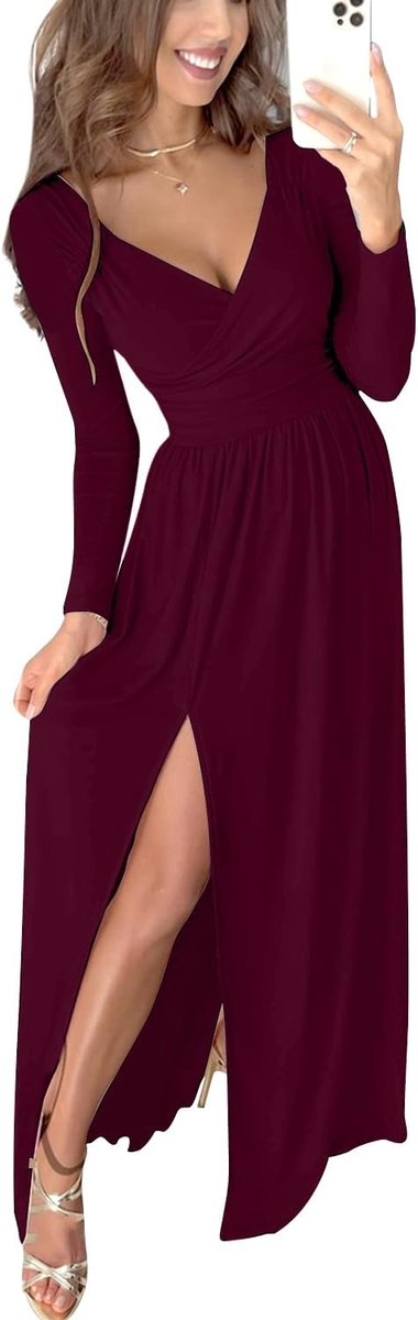 2.0 elegante lange mouwen V-hals tuniek maxi-jurk casual hoge taille zoomsplit cocktailjurk