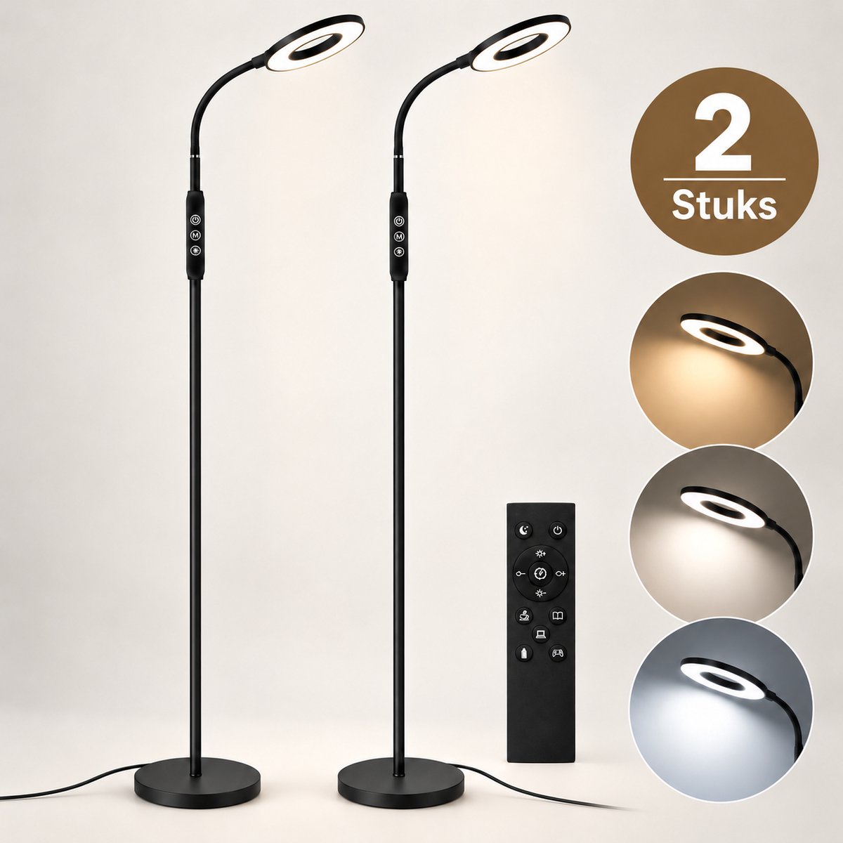 LOVHAUS 2x LED Vloerlamp 12W - Dimbaar - 3 Lichtkleuren - Afstandsbediening - 360° Flexibel