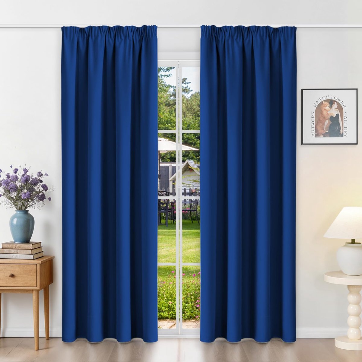 Verduisteringsgordijnen voor woonkamer en slaapkamer, met plooiband, 2 panelen, modern thermogordijn voor rails en ringen, met uv-blokkering, koningsblauw, 140 x 200 cm