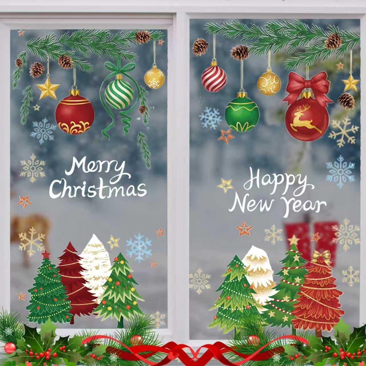 6 vellen raamafbeeldingen voor Kerstmis, lijmvrij, zelfklevend, met sneeuwvlokken en kerstbomen, voor familie, kinderen en winterdecoratie (B)