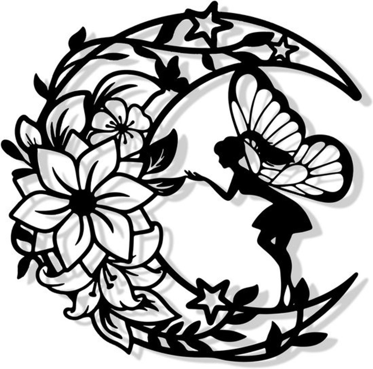 Metalen Wanddecoratie Zwart voor Kinderkamer - Maan, Bloemen en Feeën Decoratie