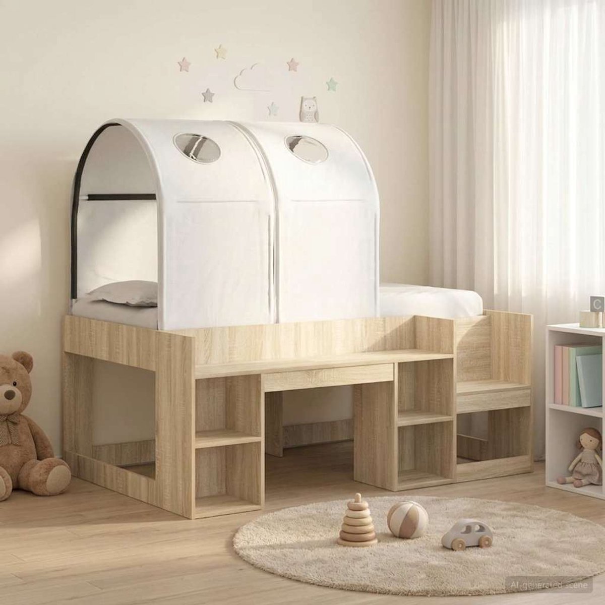 vidaXL Bed - met - Tunnel - met - plank - 3 - st - Sonoma - eiken - en - wit - Bewerkt - hout