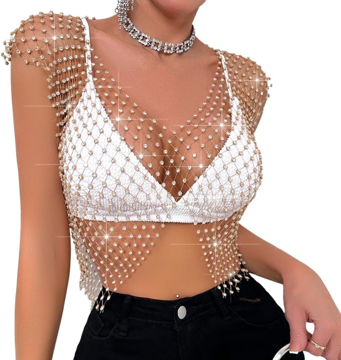 Fishnet Tank Top See Through Hollow Out Crop Rave Top Dames Sexy Strass Top See Through Bikini Cover Glitter Top Diamant Mesh Doorzichtige Clubwear