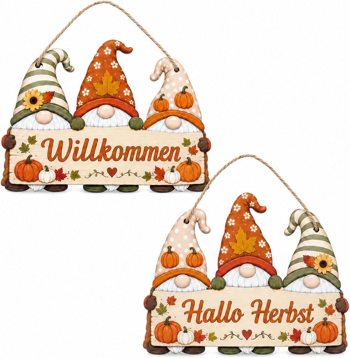 Herfstdecoratie, dubbelzijdig houten kabouter-deurbord
