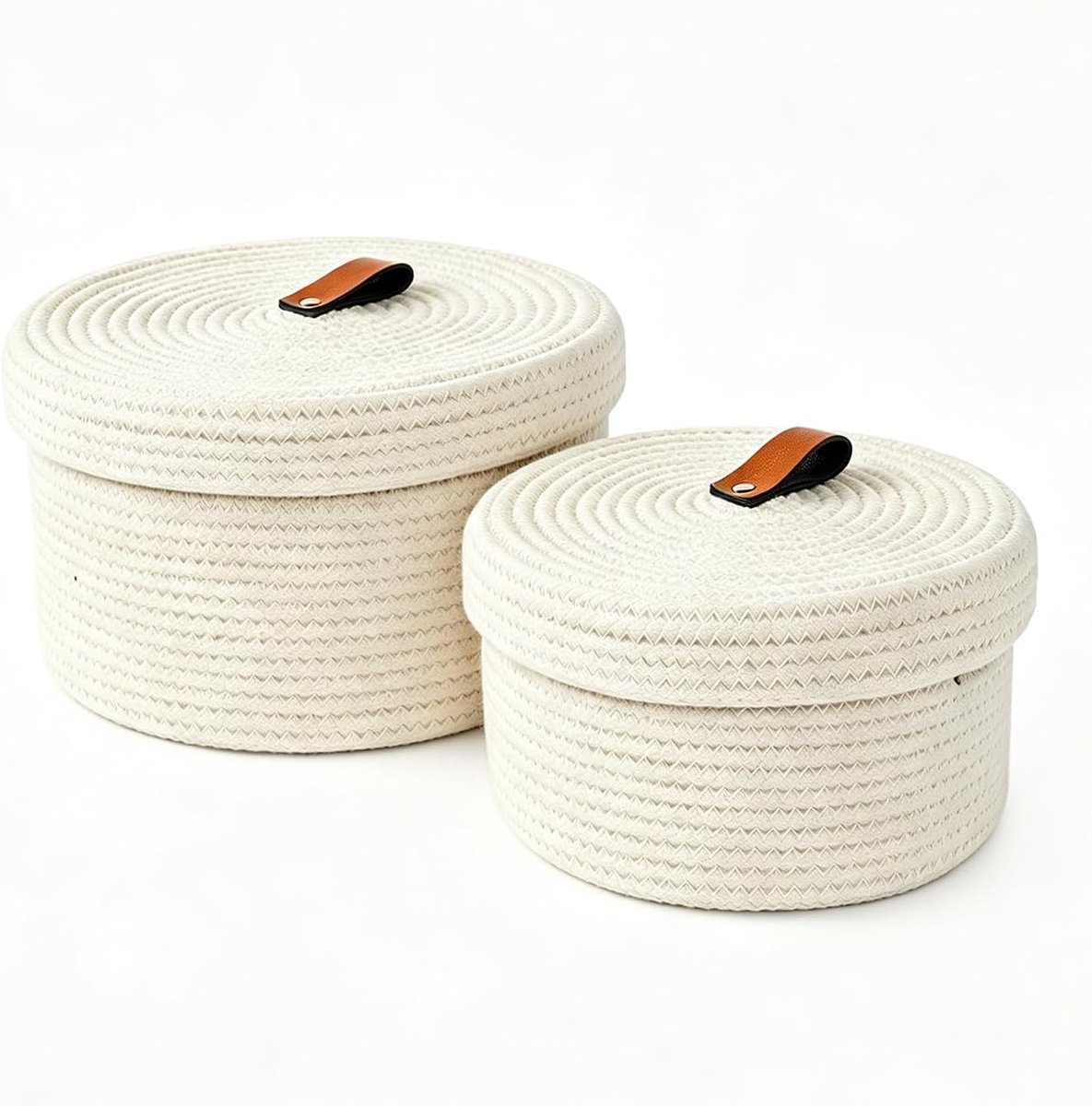 2 stuks opbergmanden met deksel, gevlochten katoenen draad mand met handvat, wasbare decoratieve mand met deksel, multifunctionele organizer voor planken, woonkamer en badkamer (beige)