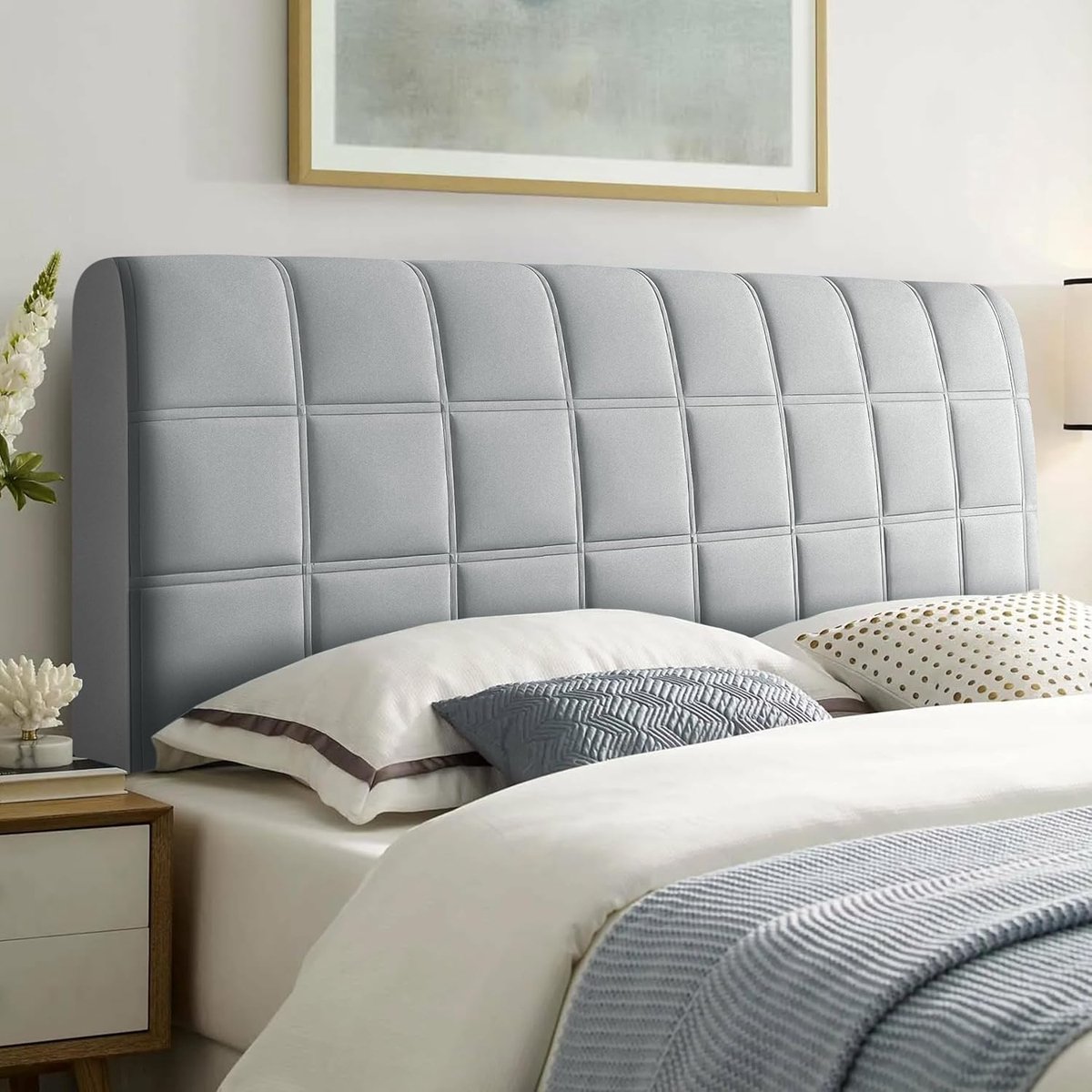 Beschermhoes voor het hoofdbord van het bed, vierkant, verdikt, doorgestikt, zachte hoofdbordbekleding voor de slaapkamer, lichtgrijs, 220 cm