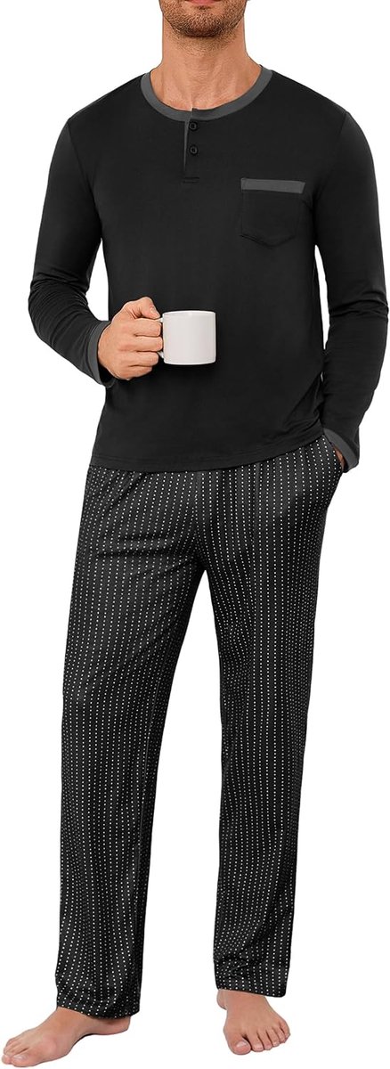 Herenpyjama van katoen, warm, lang, met knopen, tweedelig, voor de winter, zacht en comfortabel, bedrukt S-4XL