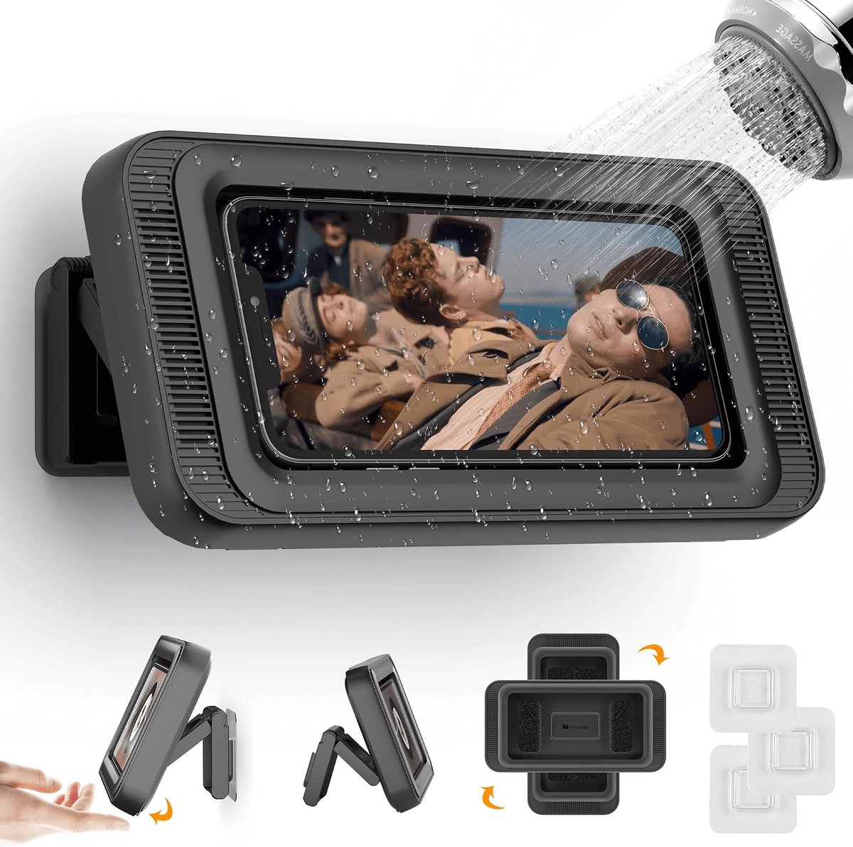 Waterdichte Douche Telefoonhouder met 360° Rotatie, Hoek Verstelbaar, Verbeterde Geluidskwaliteit, Wandgemonteerde Telefoonhouder voor Badkamer Spiegel Badkuip Keuken(Zwart, Tot 7 inch)