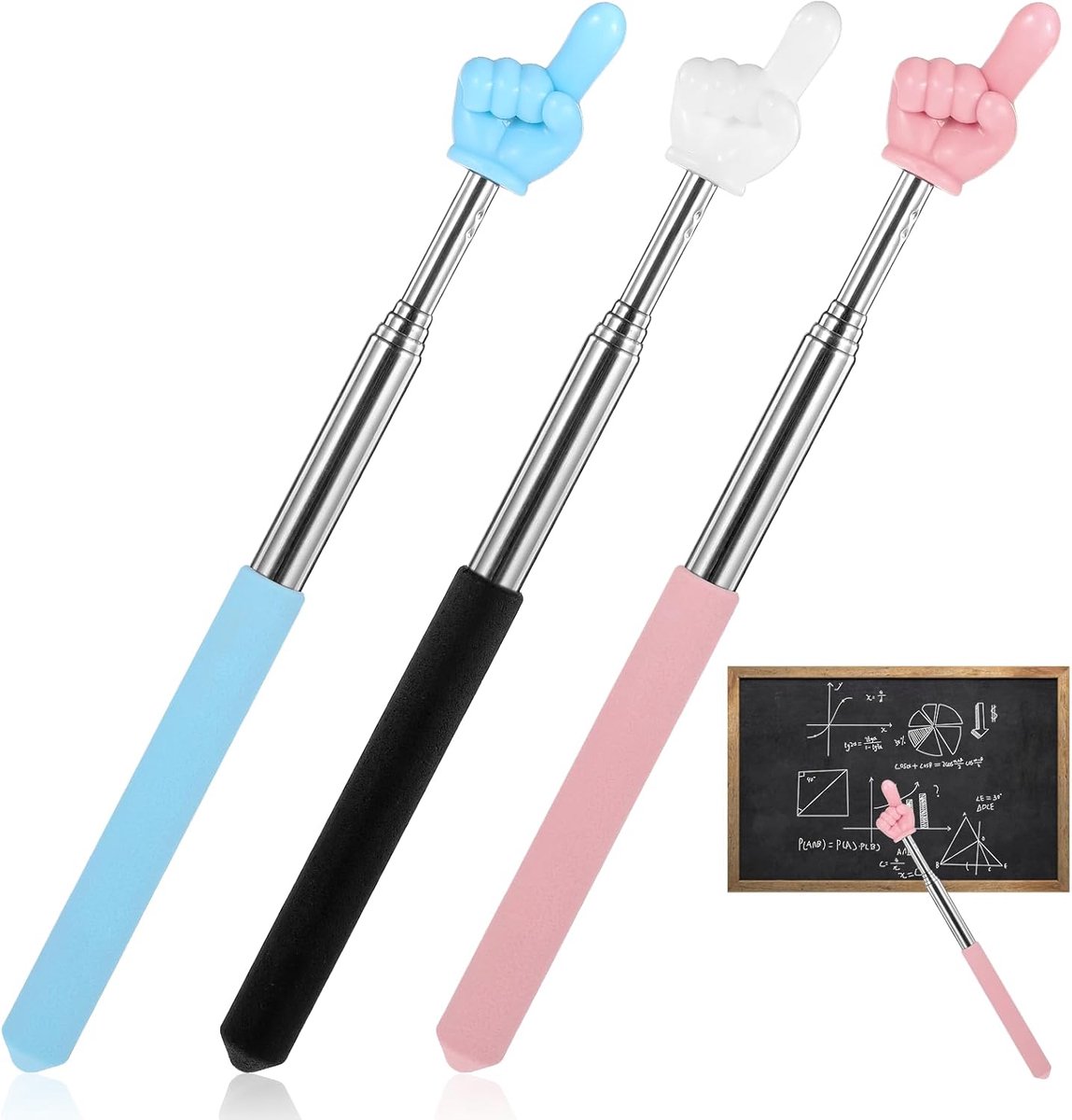 3 stuks aanwijsstokken, uittrekbaar, leraren, mini-intrekbaar, klaslokaal, wijzers, vingers, leraren, pointer stok, roestvrij staal, voor leraren, whiteboard, wijzers (zwart, roze, blauw)