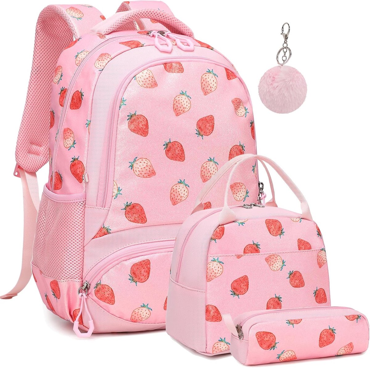 Rugzak voor meisjes, schooltas, meisjes, middelbare school en basisschool, kinderen, meisjes, 3 stuks, schooltassenset, met lunchtas en etui, Roze aardbeien