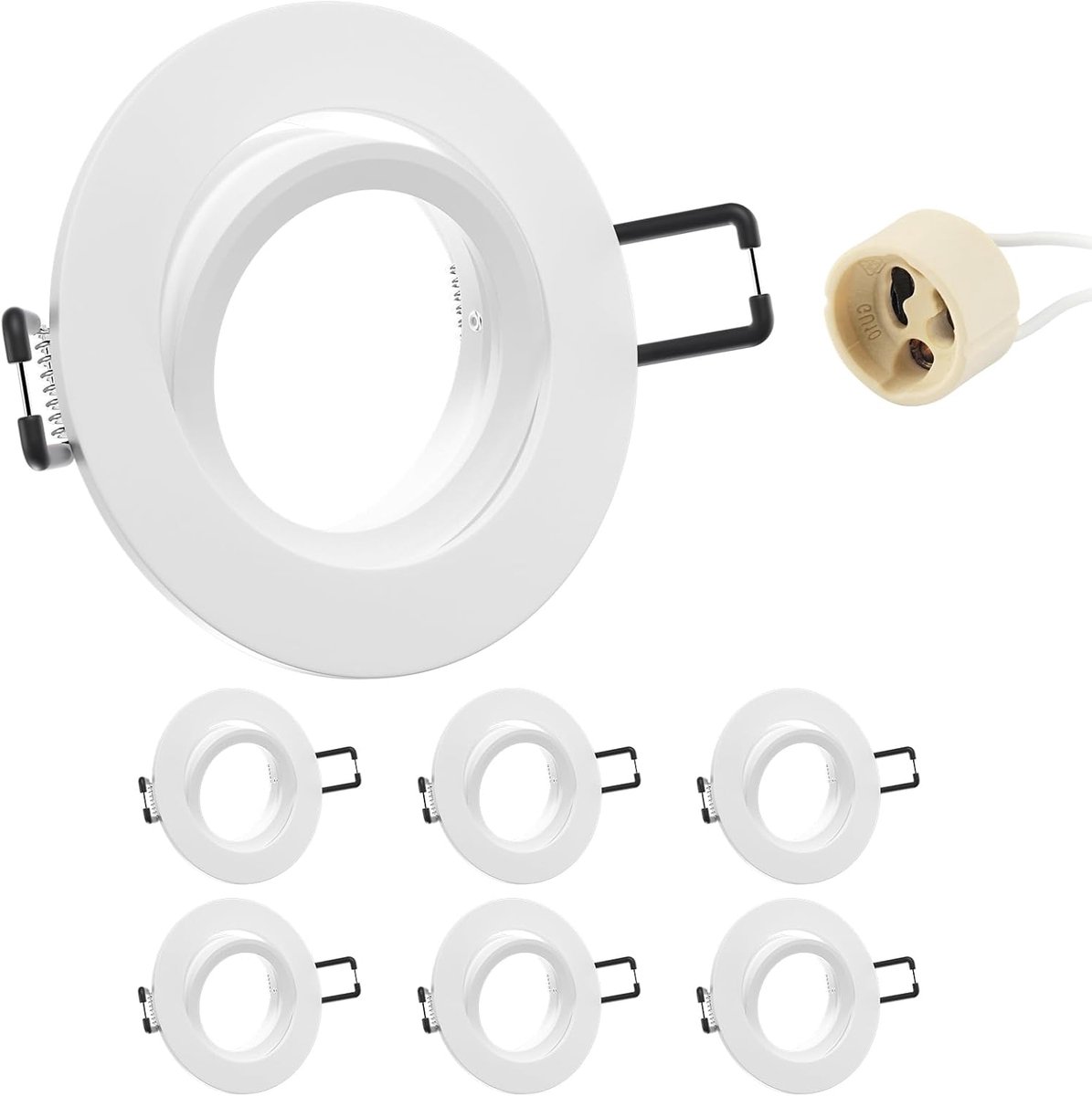 6 x inbouwspot, GU10, aluminium, draaibaar, wit, inbouwspot, montageframe met GU10-fitting, ronde plafondspot 68 mm, extra plat, voor led, montagegat Ø 60-75 mm
