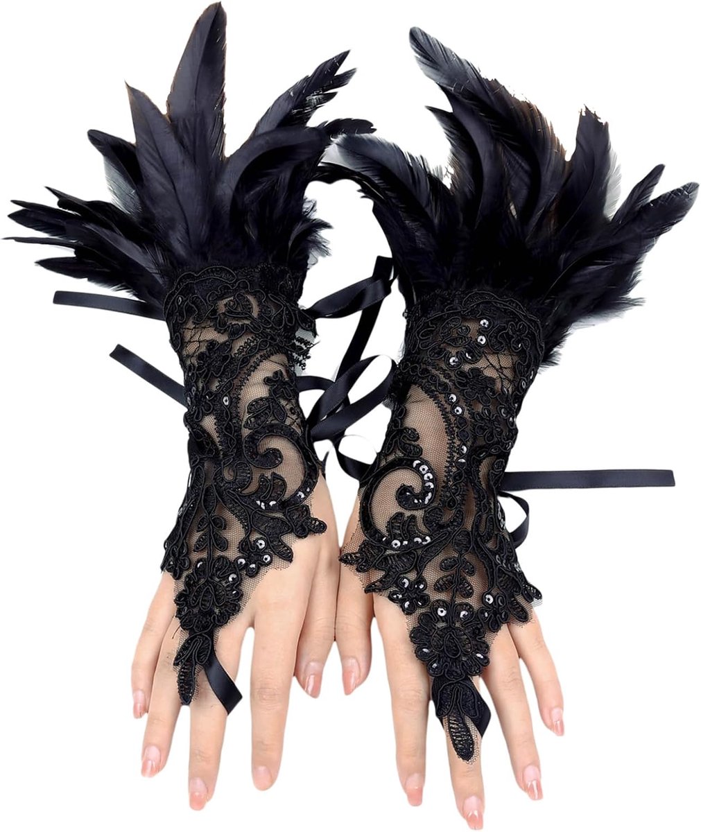 Handschoenen met zwarte veren, 1 paar vintage kanten handschoenen met veer, lange zwarte gothic-nethandschoenen, vingerloze veersieraden voor cosplay, bruiloft, Halloween, zwart, Eén Maat