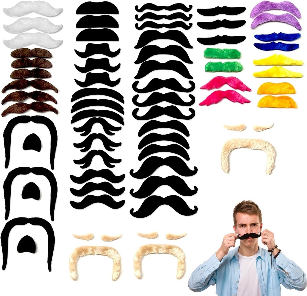 Zelfklevende Snorren Set van 66 Stuks - 24 Stijlen en 11 Kleuren - Herbruikbaar voor Feestjes, Carnaval en Cosplay