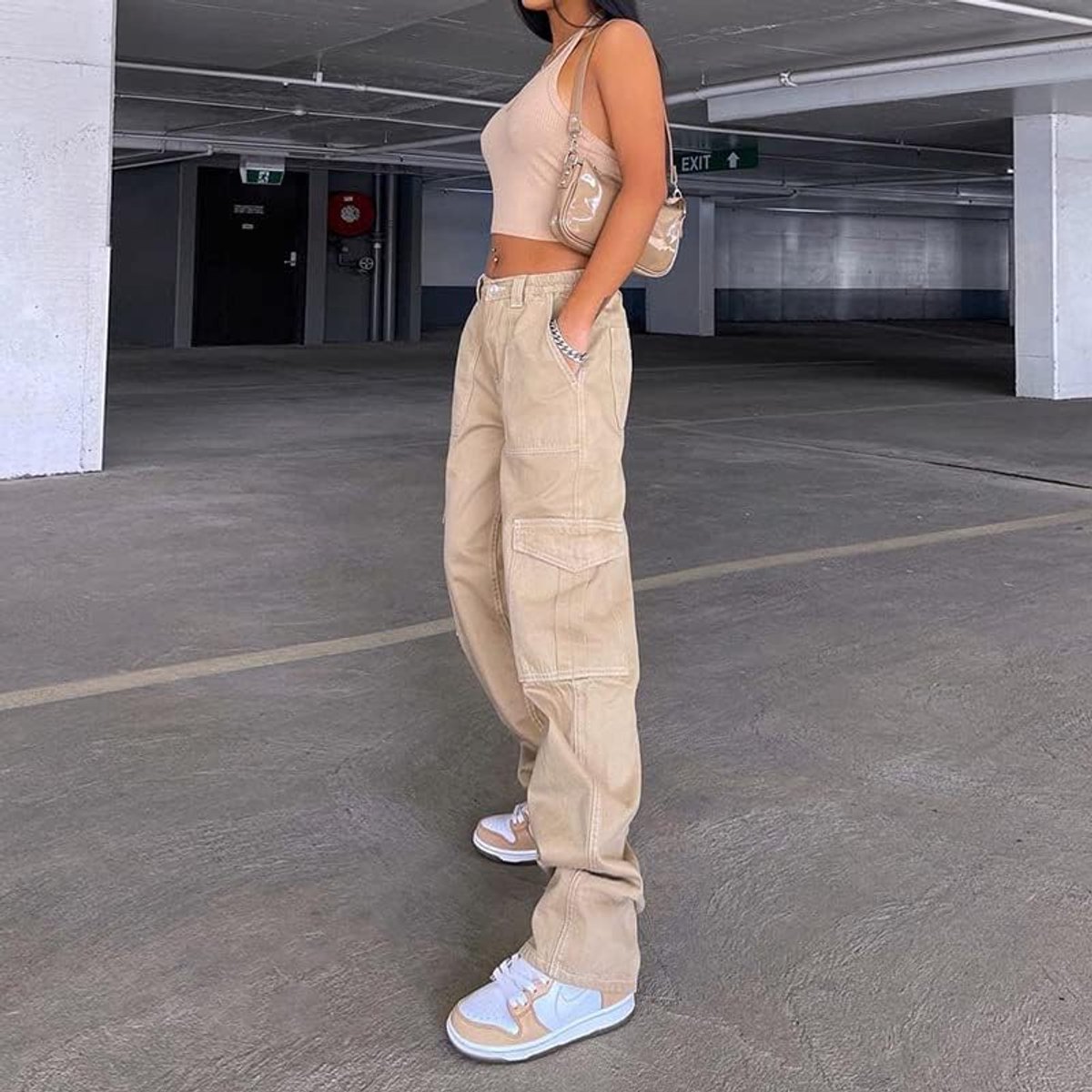 Parachute Broek Vrouwen, Cargo Broek voor Vrouwen Baggy Harajuku Lage Taille Y2K Broek Grunge Broek, Kaki, L