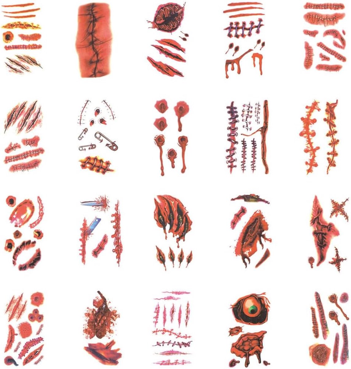 20 stuks, make-upaccessoires voor Halloween, realistische tijdelijke tatoeages, waterdichte wonden, Halloween-decoratie