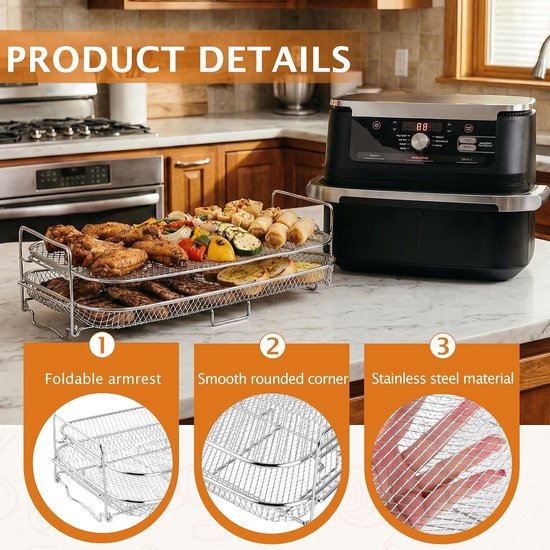 Accessoires luchtfriteuse voor Ninja Foodi FlexDrawer 10,4 l AF500EU, roestvrij stalen grillrooster voor CosorI 10 liter Dual Blaze TwinFry, airfrygrill, roasting rek — afbeelding 2