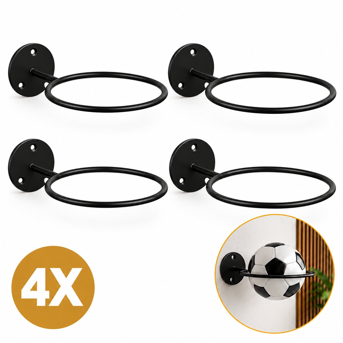 DIVERZA Balhouder Muur – Set van 4 – Wandhouder voor Voetbal, Basketbal & Volleybal – Metaal Zwart – Inclusief Montageset – Ruimtebesparende Wandopslag