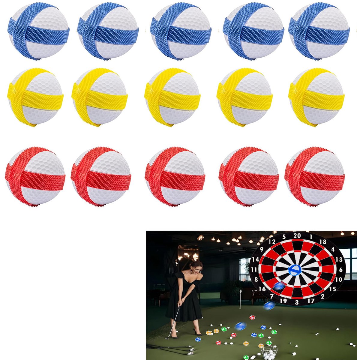 Darts met klittenband - Minidarts - Plakkerige golfballetjes - Verpakking van 15 stuks - 5 van elke kleur, 4,3 cm in diameter - Geschikt voor spelletjes op feestjes, kinderactiviteiten, dartspelletjes, binnen- en buitengebruik - Geel, Blauw, Rood
