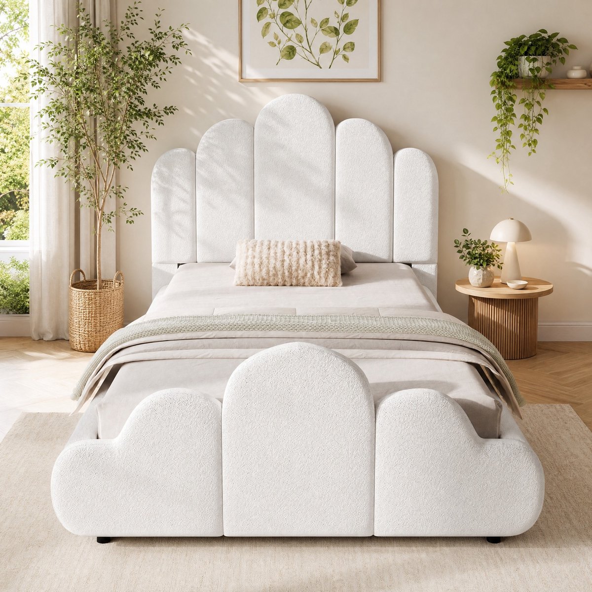 MODENUIT Kinderbed – Gestoffeerd – 90 x 200 cm – Bouclé – Beige – Lattenbodem – Afgeronde Hoeken – Zonder Matras