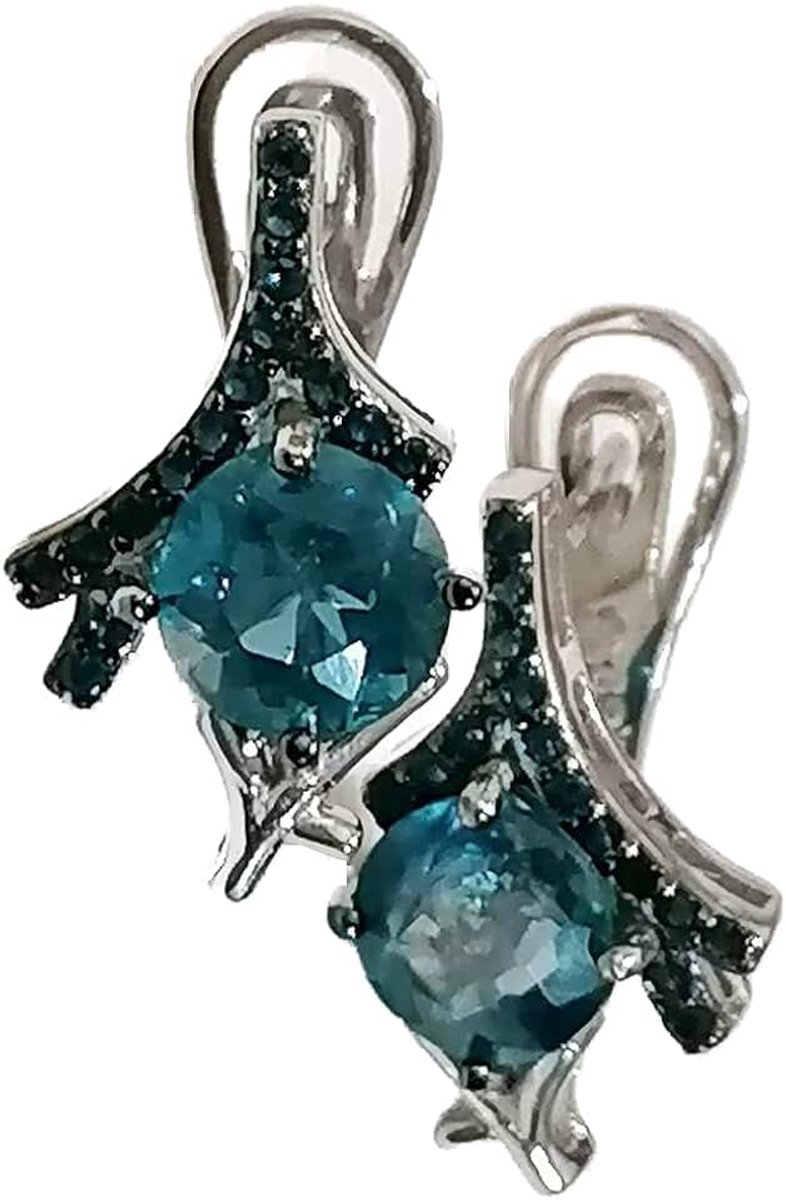 Hand made Ovaal Neon Blauw Apatit 6x4mm Cz 14k Wit Goud Plate 925 Sterling Zilver Oorbellen