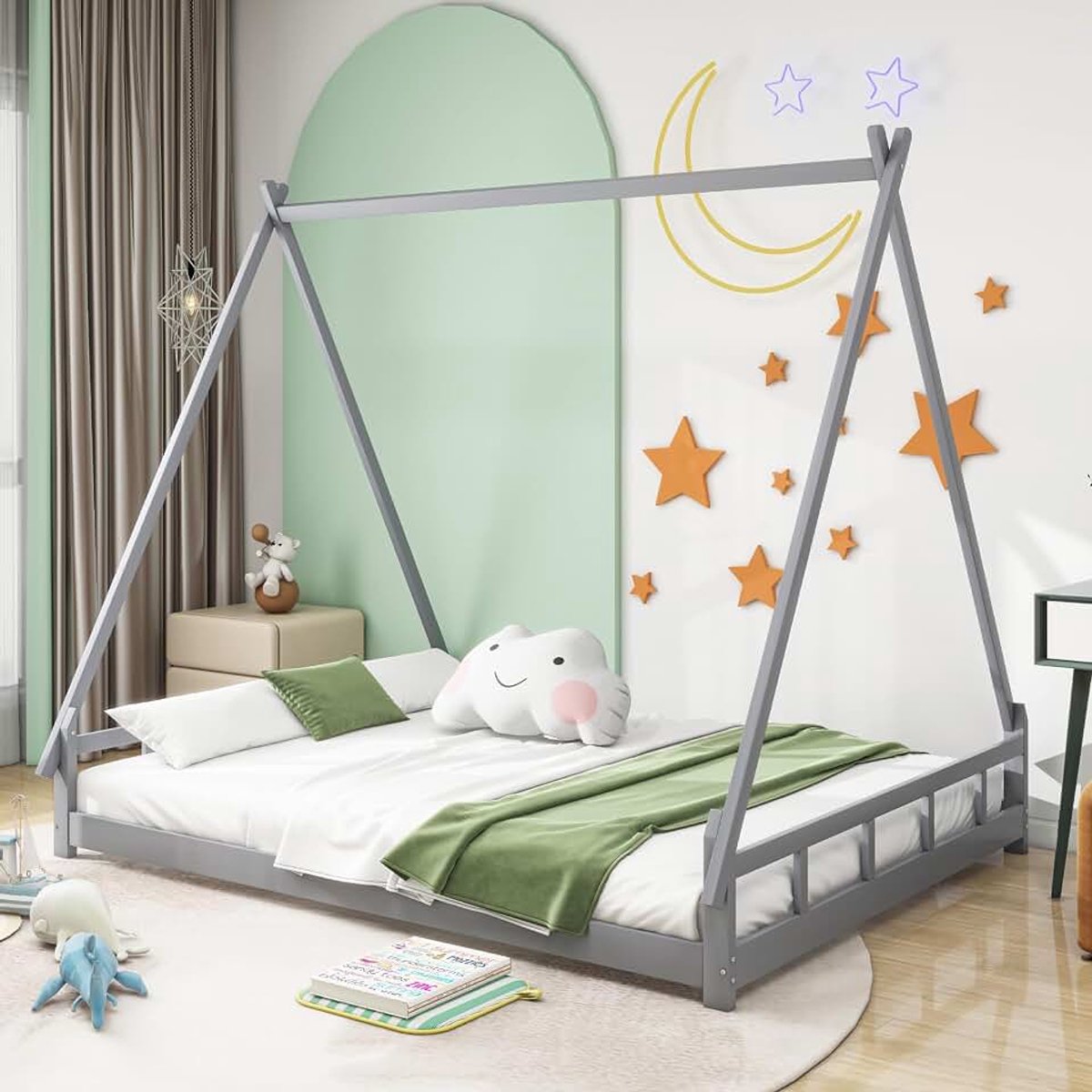 Kinderbett 140 * 200cm, Zeltbett, Hochbett, Jugendbett, Eltern-Kind-Bett, Massivholzbettgestell, Grau (Grijs + 140 * 200cm, Kinderbett)