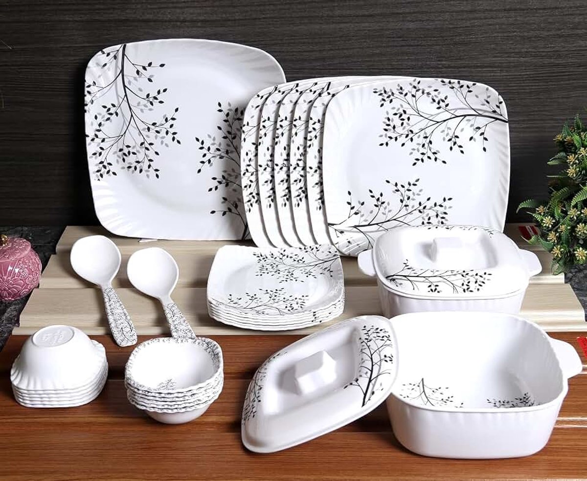 Melamine Diner Set Gedrukt Diner Set Voor Keuken Melamine Melamine Volledige Size Diner Set, 31 Stuks, Witte Basis