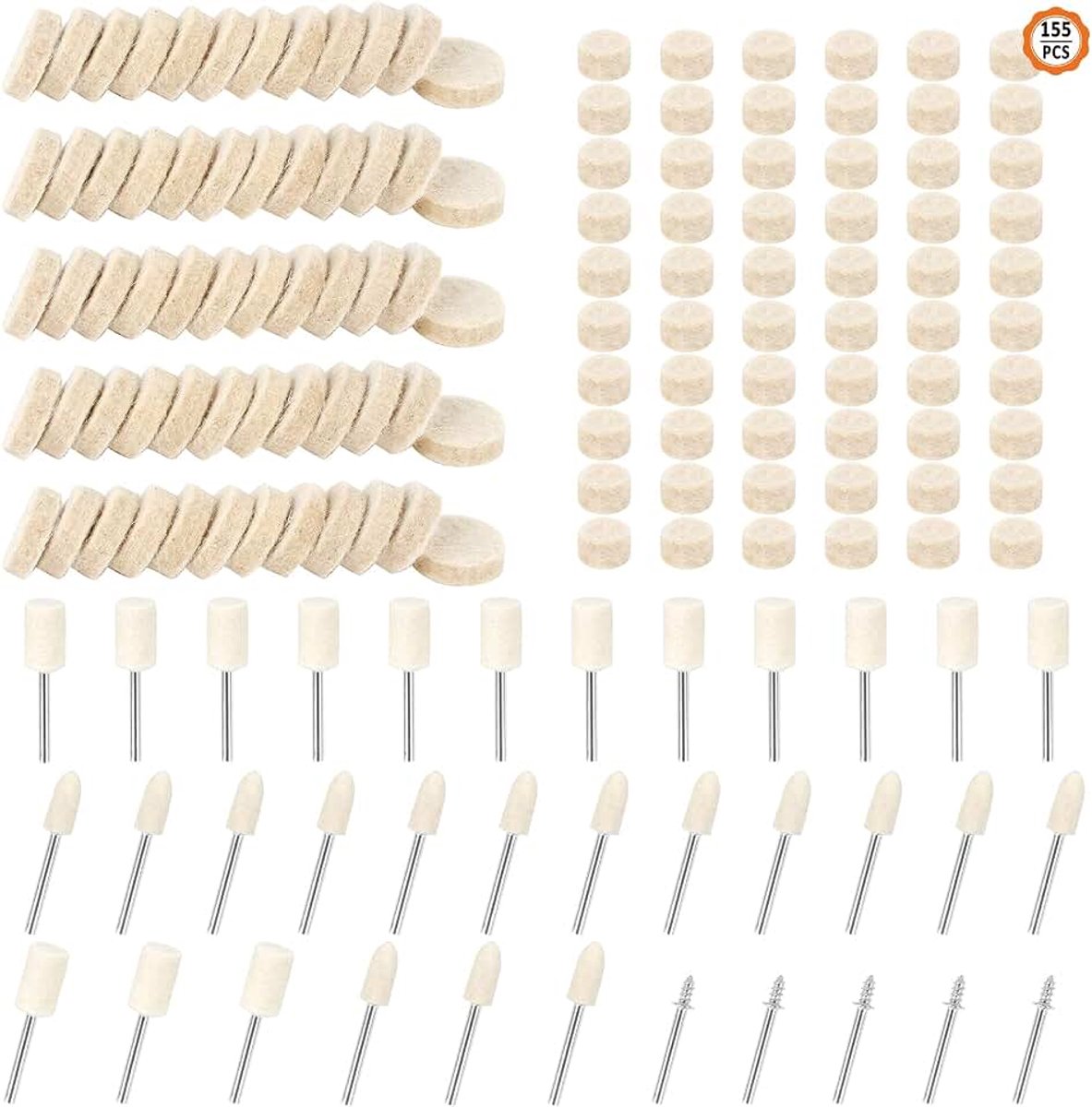 155 stuks wol vilt polijstpad kit, schuurvilt polijstwiel vervanging schacht polijstwiel set voor sieraden hout polijsten