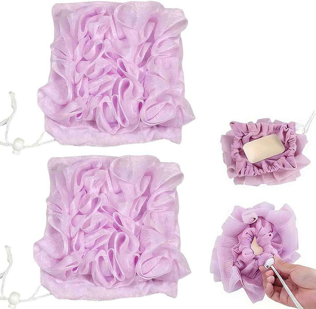 2 stuks badspons, gemakkelijk schuimend, kan zeep inpakken, zacht gaas, douchespons voor lichaamscrub, lichaamsborstel, comfortabel en zacht paars