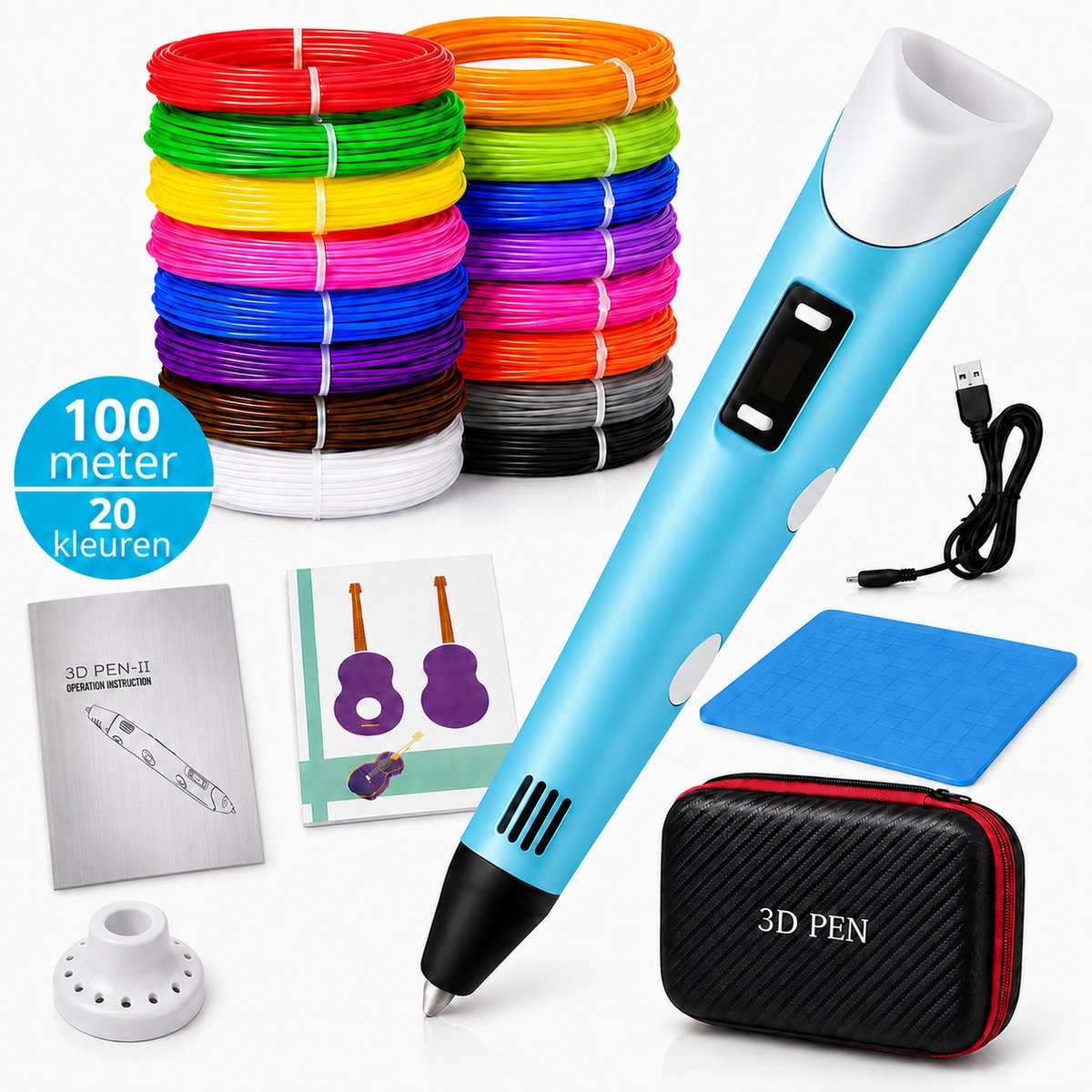 3D-pen – 3D-pennen met LCD-display – 1,75 mm PLA-filament in 20 kleuren à 5 m, 100 m totaal – 3D-penset met instelbare temperatuur en snelheid – 3D-printpen en 3D tekenpen met siliconenmat, sjablonen, penhouder en etui – Blauw