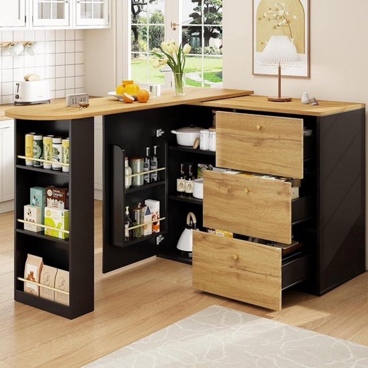 Uittrekbare bartafel - Draaibare hoogtafel - Ruimte Besparen - 360 graden draaibaar - 138-204 x 39 x 104 cm - Zwart