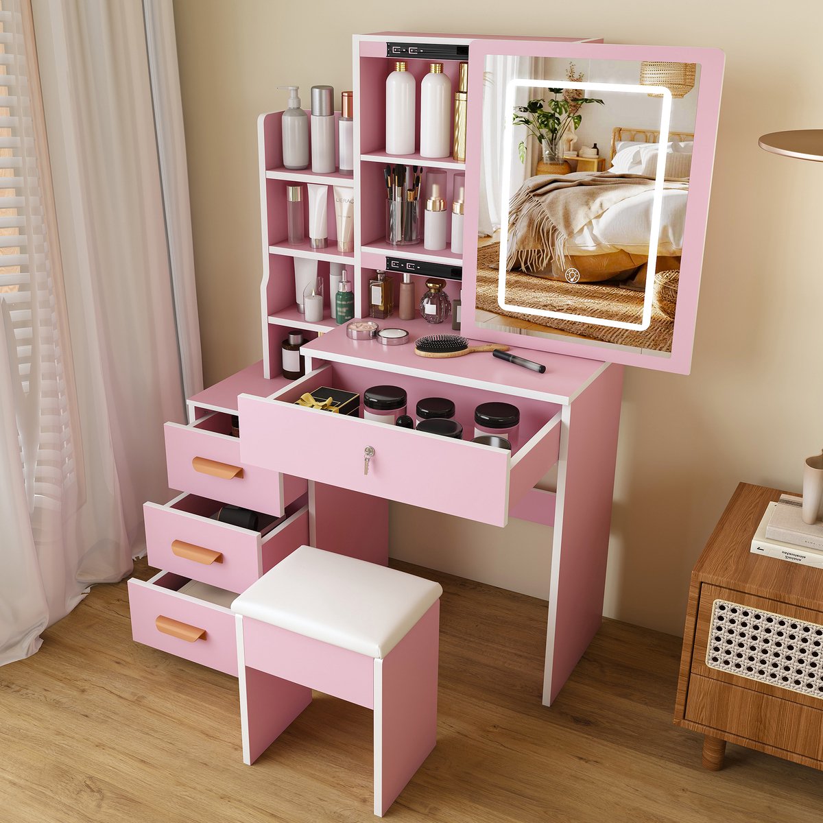 Zubaliya Kaptafel met LED-spiegel, kruk en 4 lades - roze - 85 x 36 x 130 cm