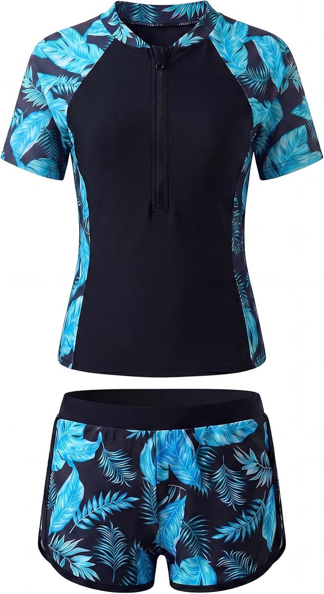 Zwempak Tweedelig Rashguard met Korte Mouwen en Voorgevormde Beha's Kinderzwempak met Zwemshort Sneldrogend Strand Surf en Zwemkleding met Bloemenprint voor Kinderen 5-14 Jaar