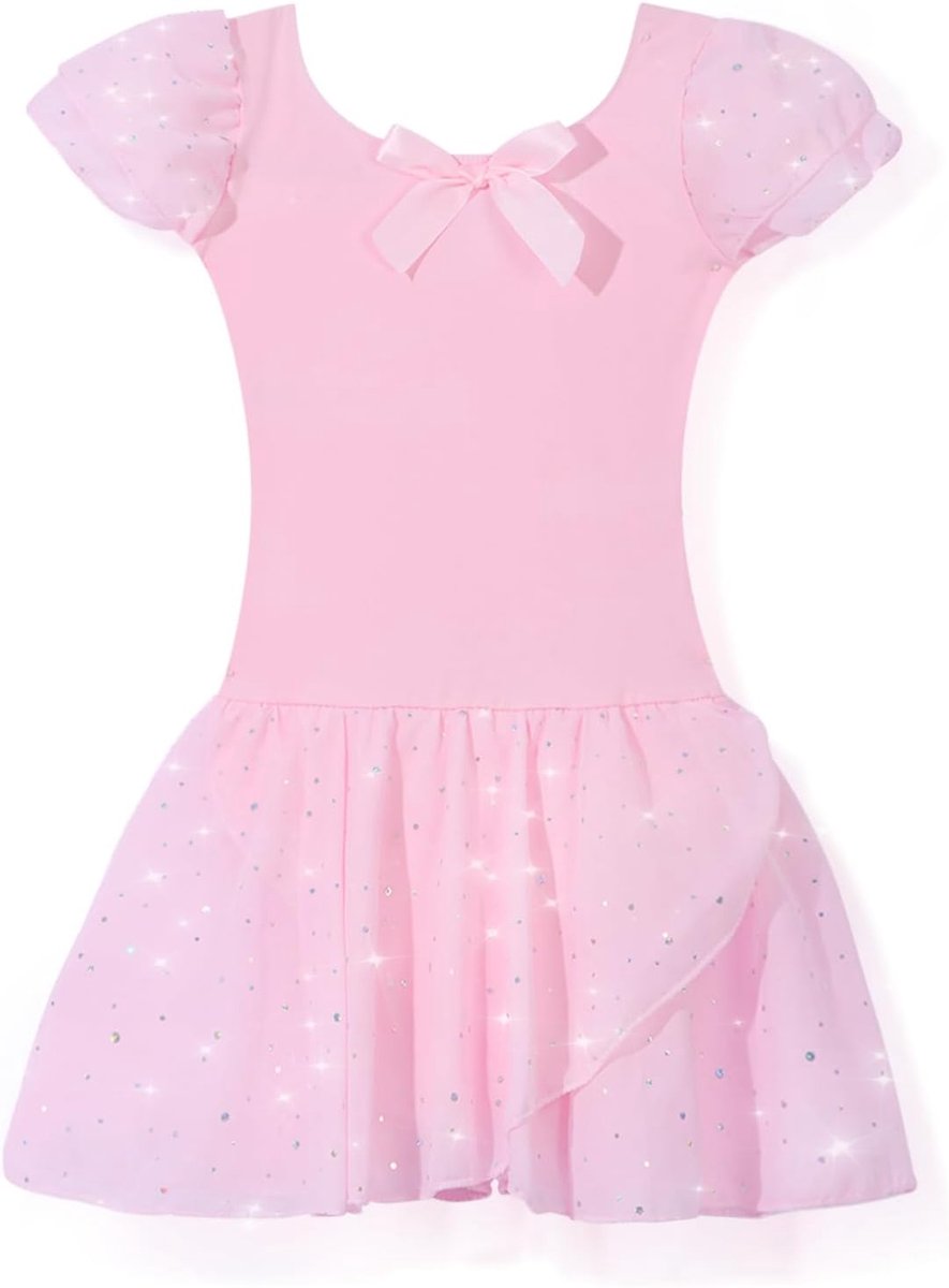Balletjurk voor meisjes, glitterdansjurk met korte mouwen, katoenen balletjurk met chiffonrok TUT