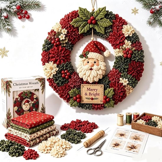 Kerstkrans DIY-kit met Santa Claus, rood, groen en crèmekleurige bloemen, bladeren en bessen. "Merry & Bright" bord.