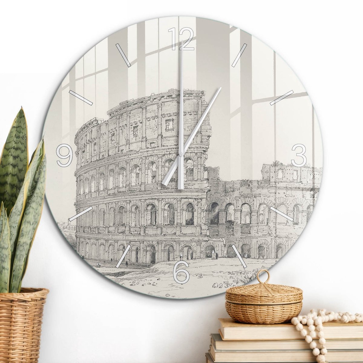 ArtPrintCave Grijs Glazen Klok - Wandklok 60 cm - Muurklok Rond - Schets Van Het Colosseum Wandklok Keuken - Kunst Unieke Klok - Witte Klokwijzers