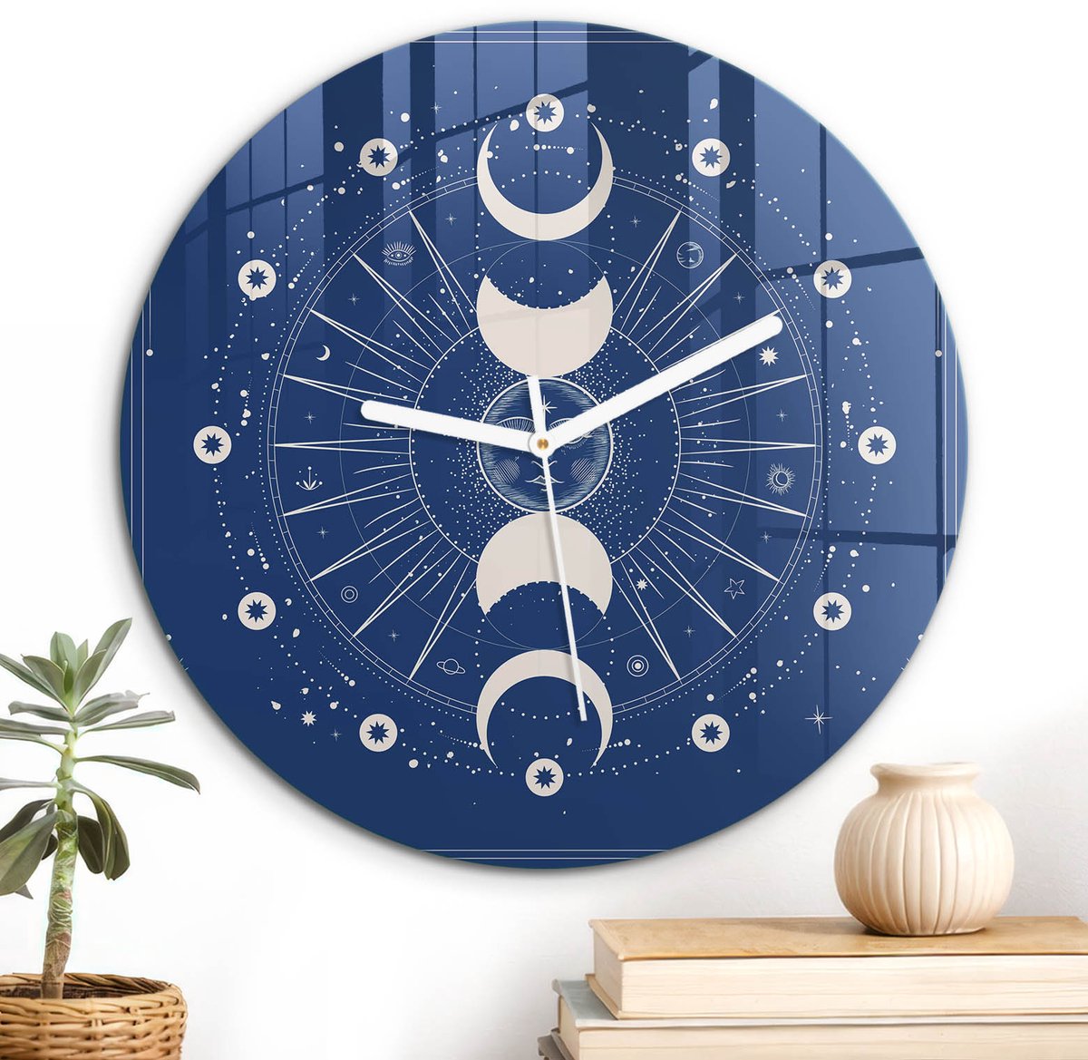 ArtPrintCave Marine Glazen Klok - Wandklok 30 cm - Muurklok Rond - Maanfasen Stille Wandklok - Kunst Wandklok Keuken - Witte Klokwijzers