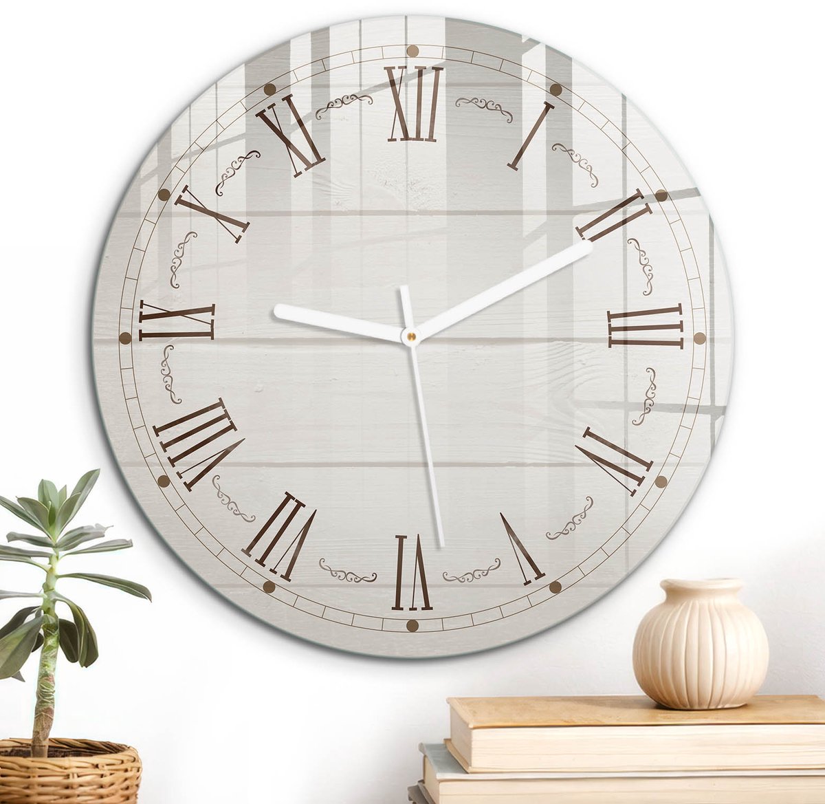 ArtPrintCave Beige Glazen Klok - Wandklok 30 cm - Muurklok Rond - Rustieke Klok Unieke Klok - Abstractie Stille Wandklok - Witte Klokwijzers