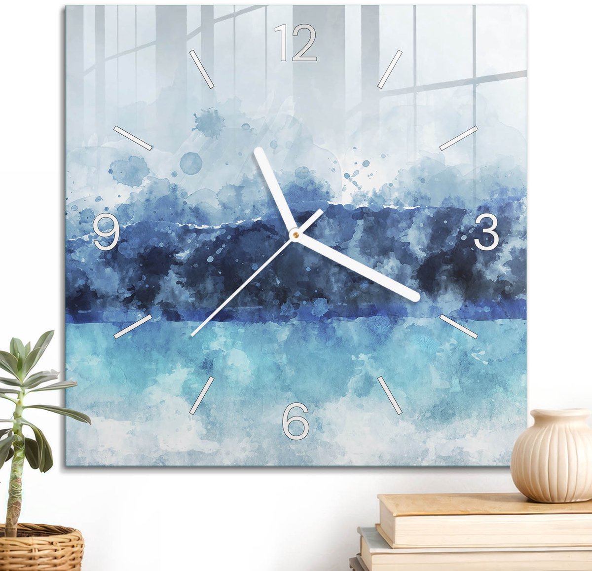 ArtPrintCave Blauw Glazen Klok - 30x30 cm - Wandklok Vierkant - Zeegezicht Wandklok Keuken - Natuur Unieke Klok - Witte Klokwijzers