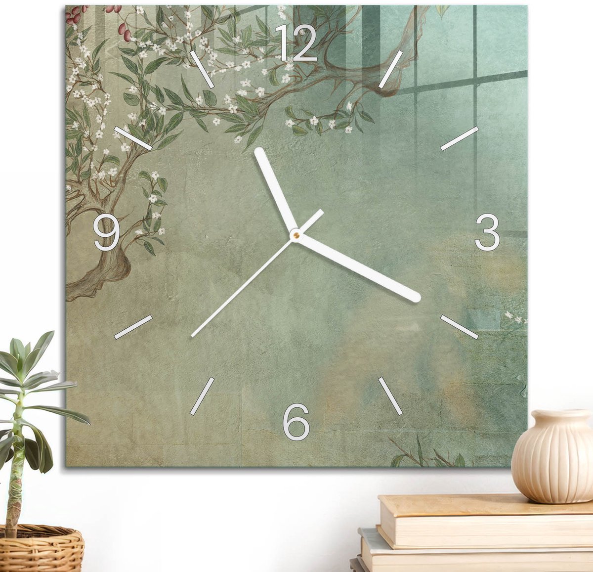 ArtPrintCave Beige Glazen Klok - 30x30 cm - Wandklok Vierkant - Bloemenmotief Stille Wandklok - Natuur Wandklok Keuken - Witte Klokwijzers