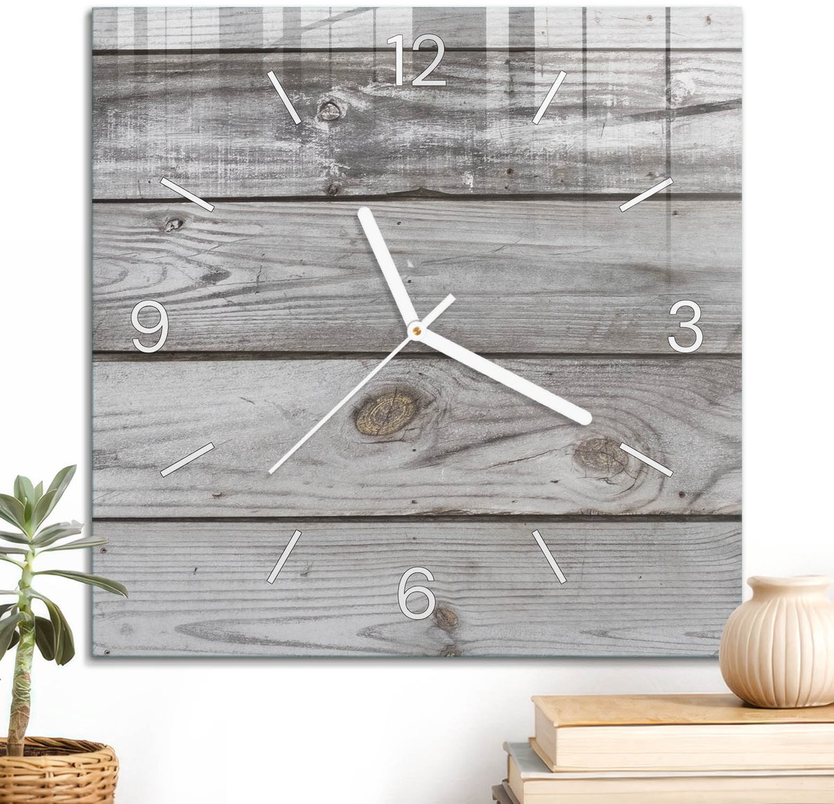 ArtPrintCave Grijs Glazen Klok - 30x30 cm - Wandklok Vierkant - Grijs Hout Unieke Klok - Achtergronden En Patronen Stille Wandklok - Witte Klokwijzers