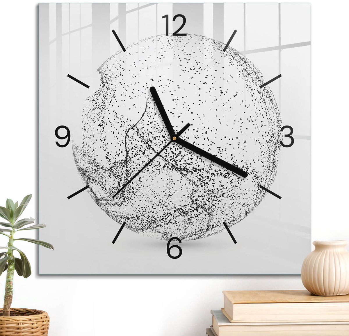 ArtPrintCave Zwart-wit Glazen Klok - 30x30 cm - Wandklok Vierkant - Lichtabstractie Unieke Klok - Kunst Stille Wandklok - Zwarte Klokwijzers
