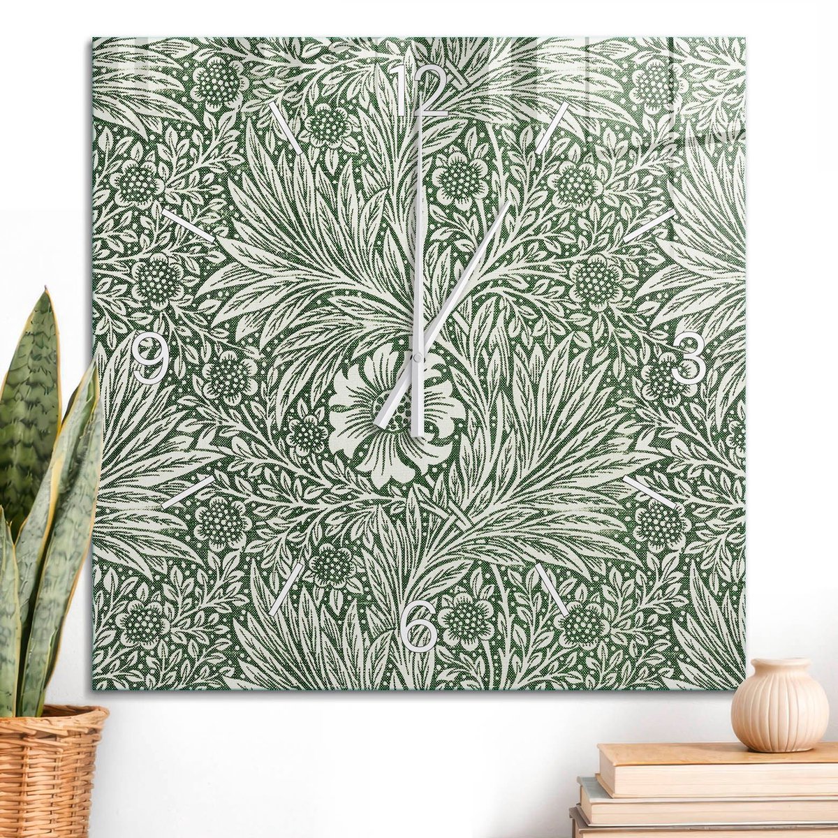 ArtPrintCave Groene Glazen Klok - 60x60 cm - Wandklok Vierkant - Blad Van Elegantie Stille Wandklok - Natuur Wandklok Keuken - Witte Klokwijzers